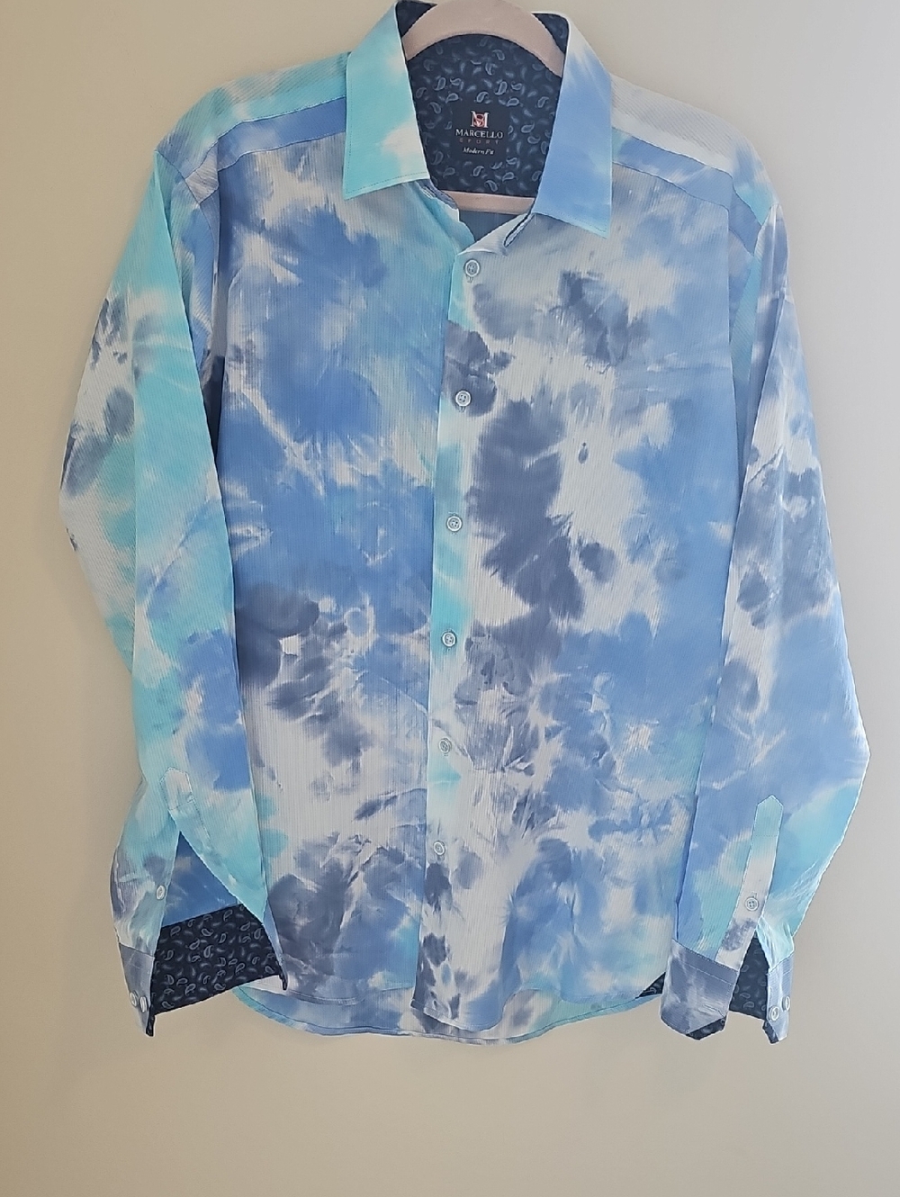 Marcello Sport Modern Fit Button Down‎ Mens Size L Blue Tie Dye Paisley Textured